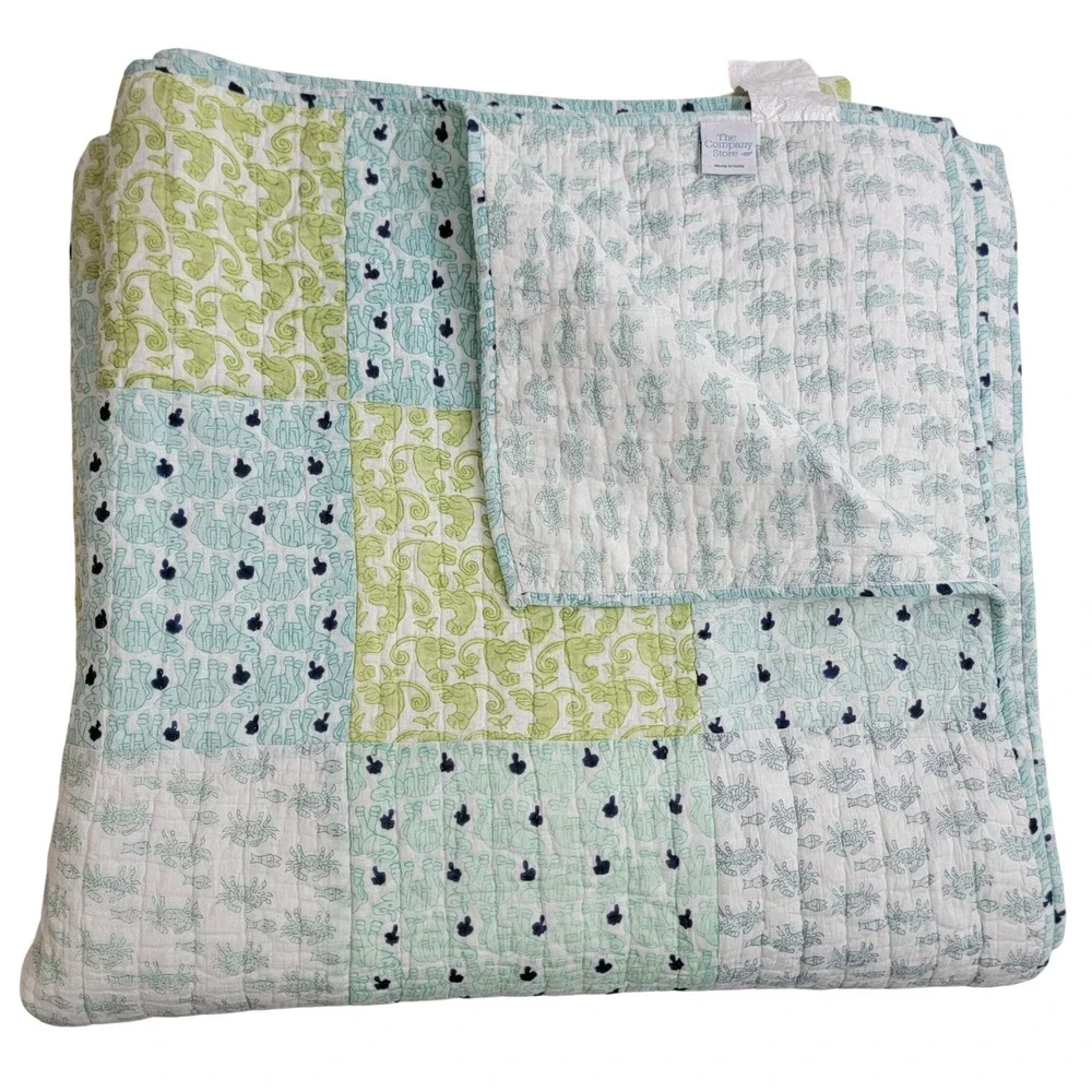 The Company Store Full Queen Quilt Cotton Patchwork Green Blue Animal Print